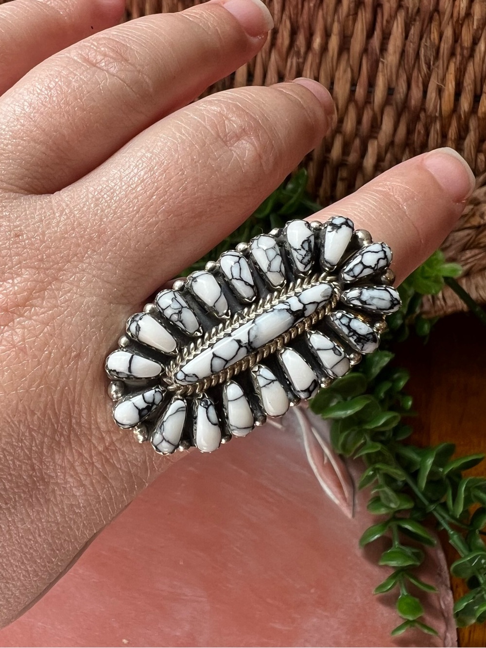 Davina Benally Navajo White Buffalo Sterling Silver Cluster Ring Sz 9.75
